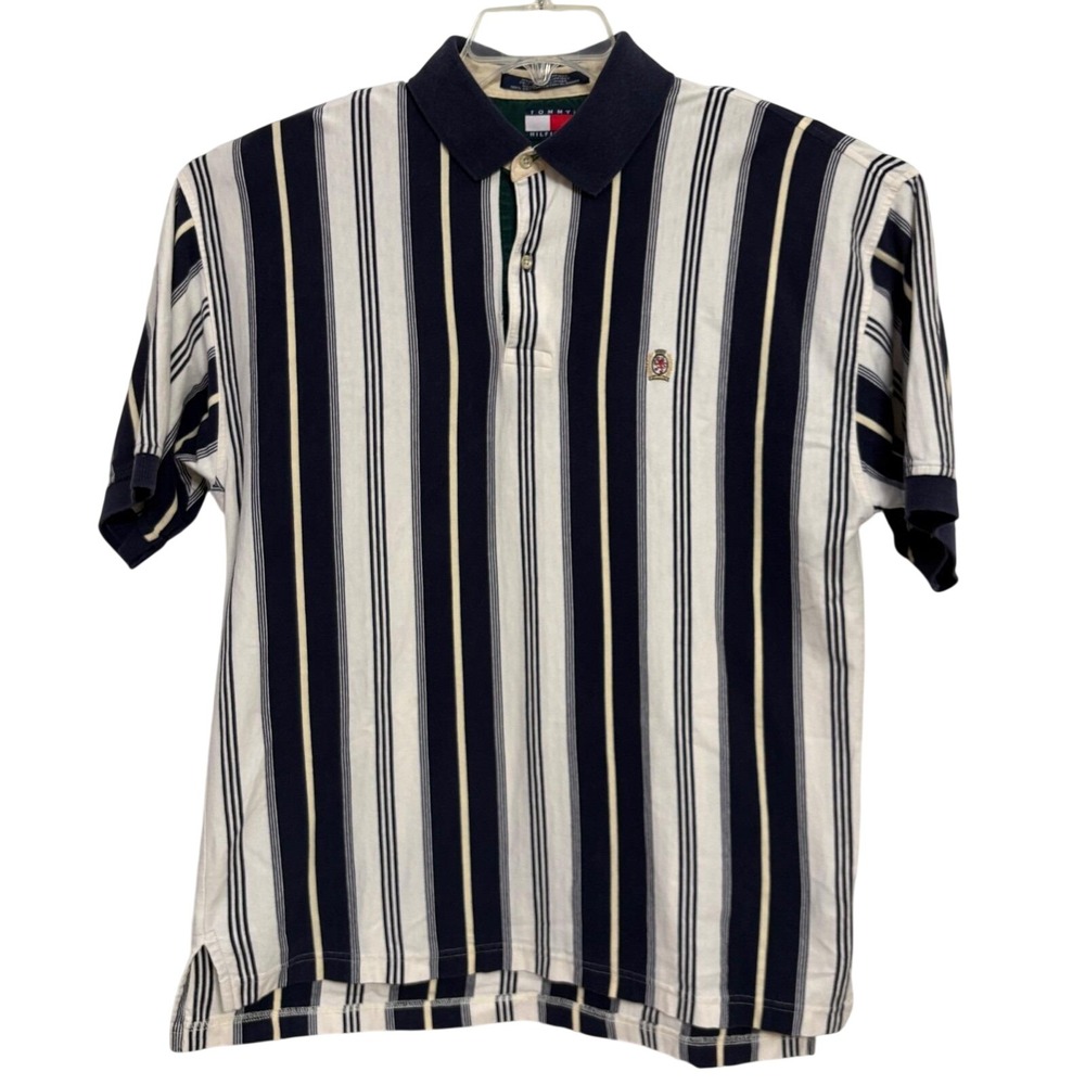 Vintage 90s Tommy Hilfiger Crest Polo Shirt L Large Vertical Stripe Gold Lion